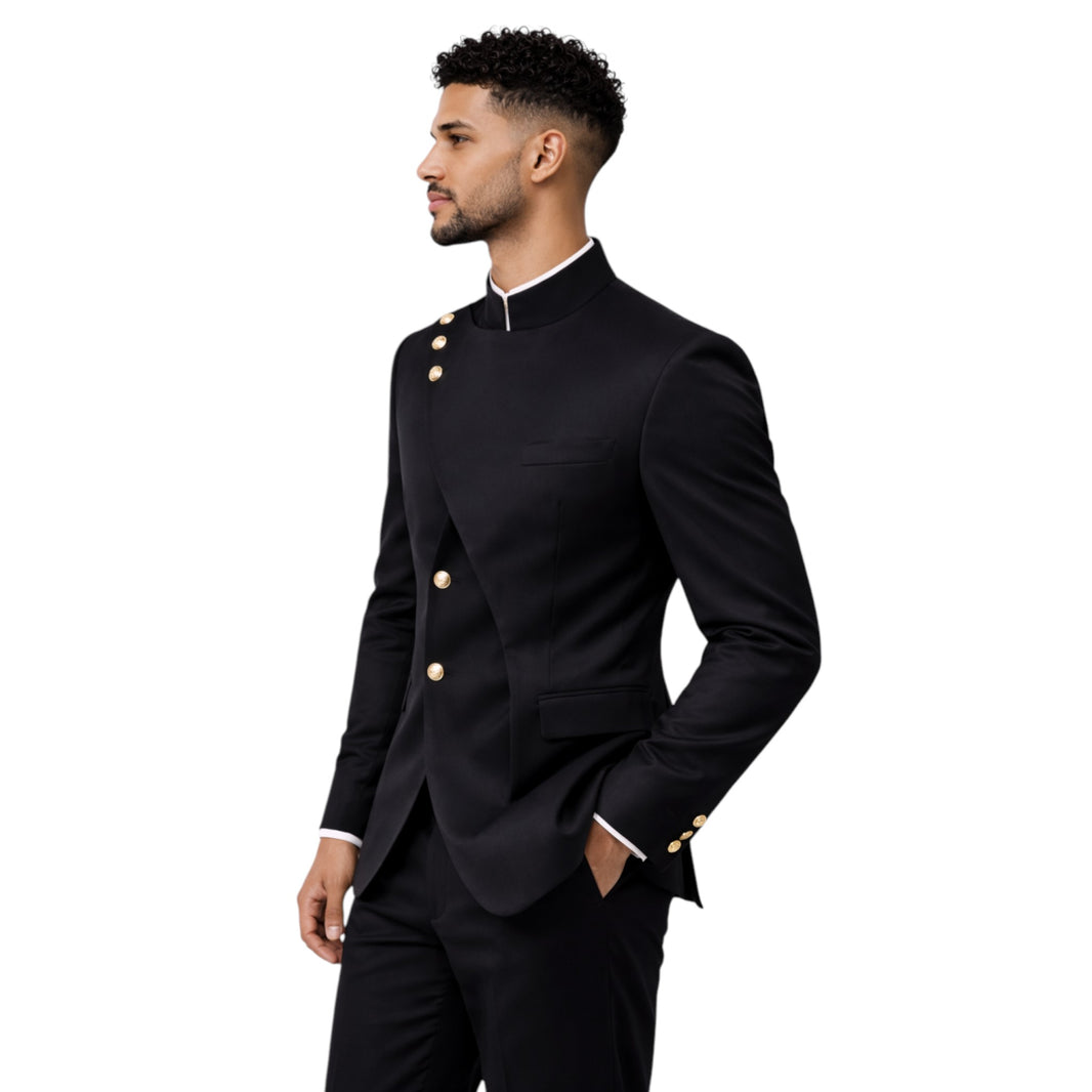 Men's Slim Fit Black Chinese Collar 2-Piece Suit