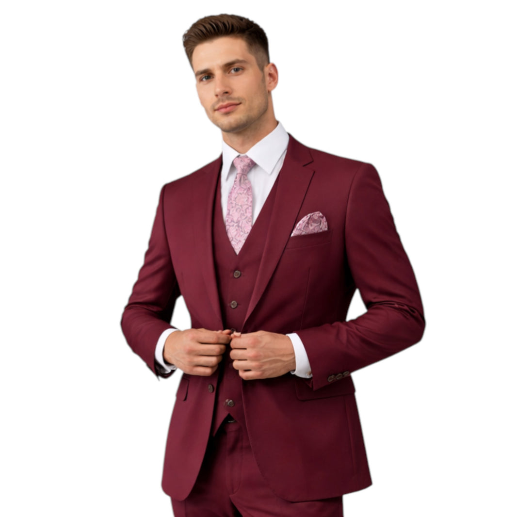 Men's Slim Fit Burgundy 3-Piece Suit