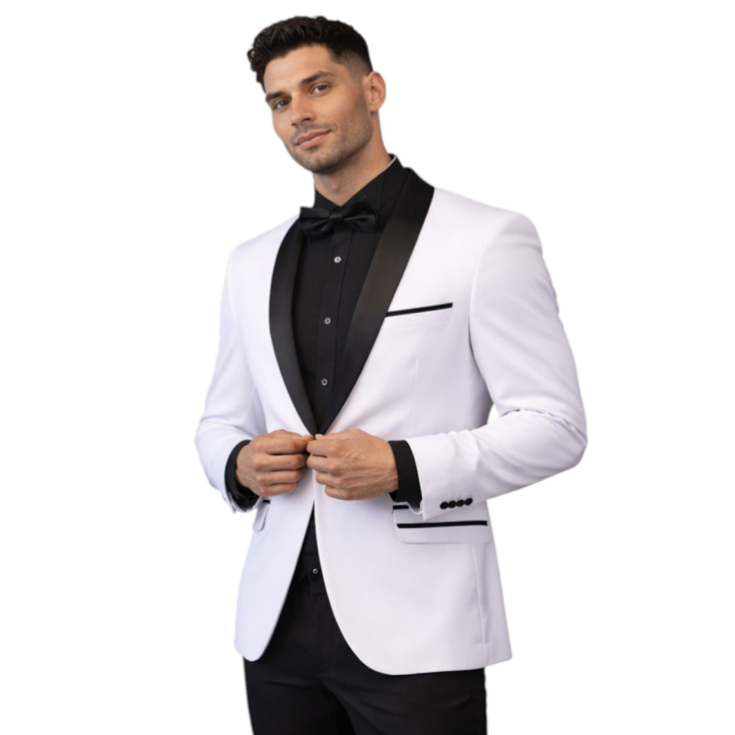 Mens White Tuxedo 2-Piece Slim Fit Suit with Black Lapel