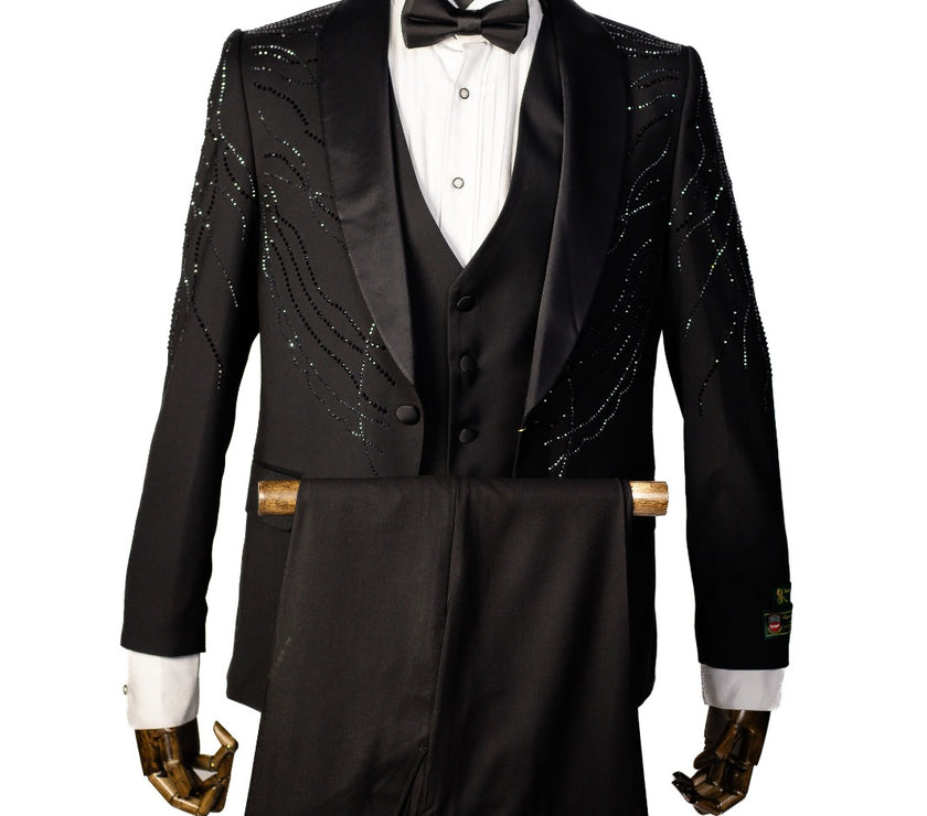 Senzo Rivolli Black Tuxedo with Rhinestone Patterns