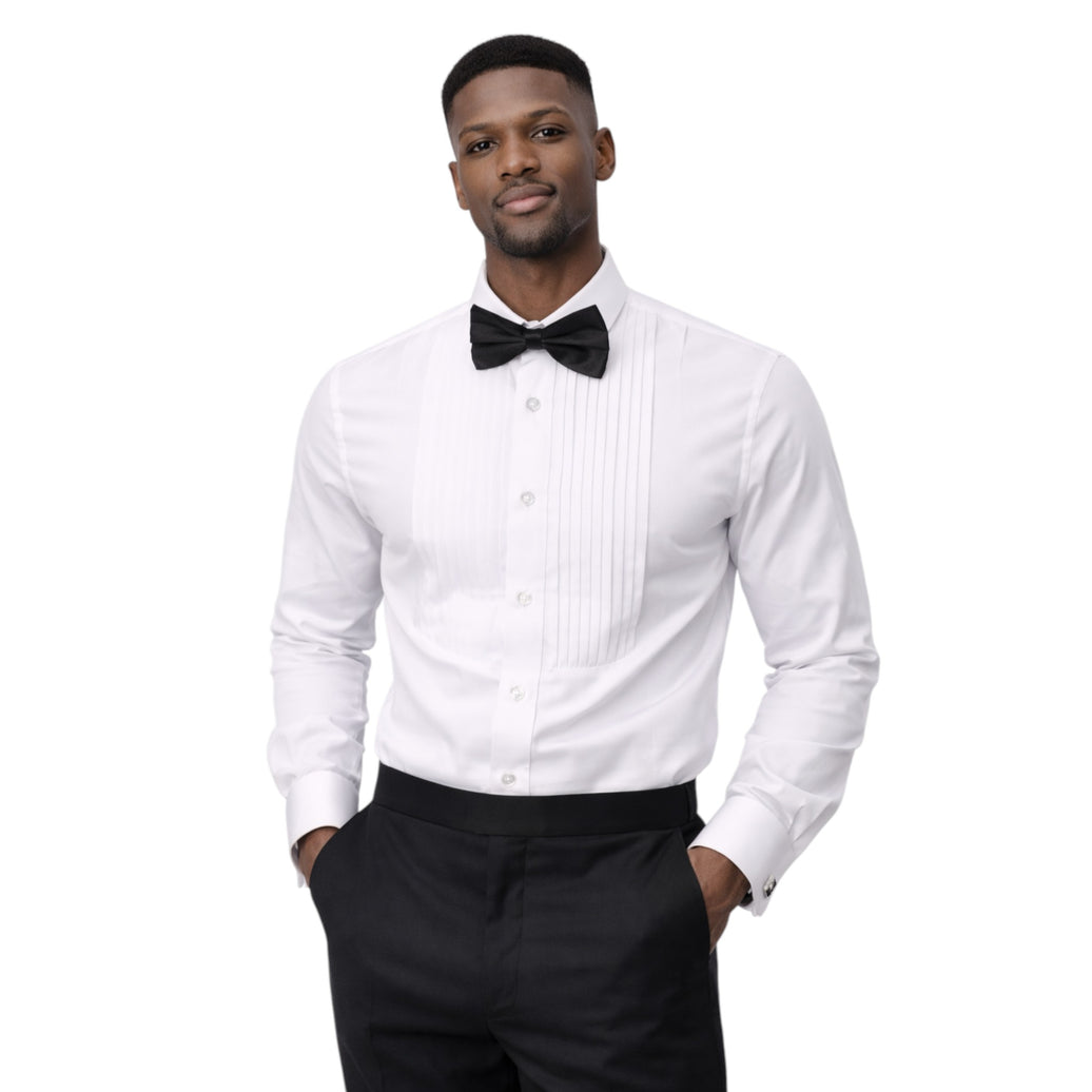Men's White Pleated Tuxedo Shirt with Black Bow Tie