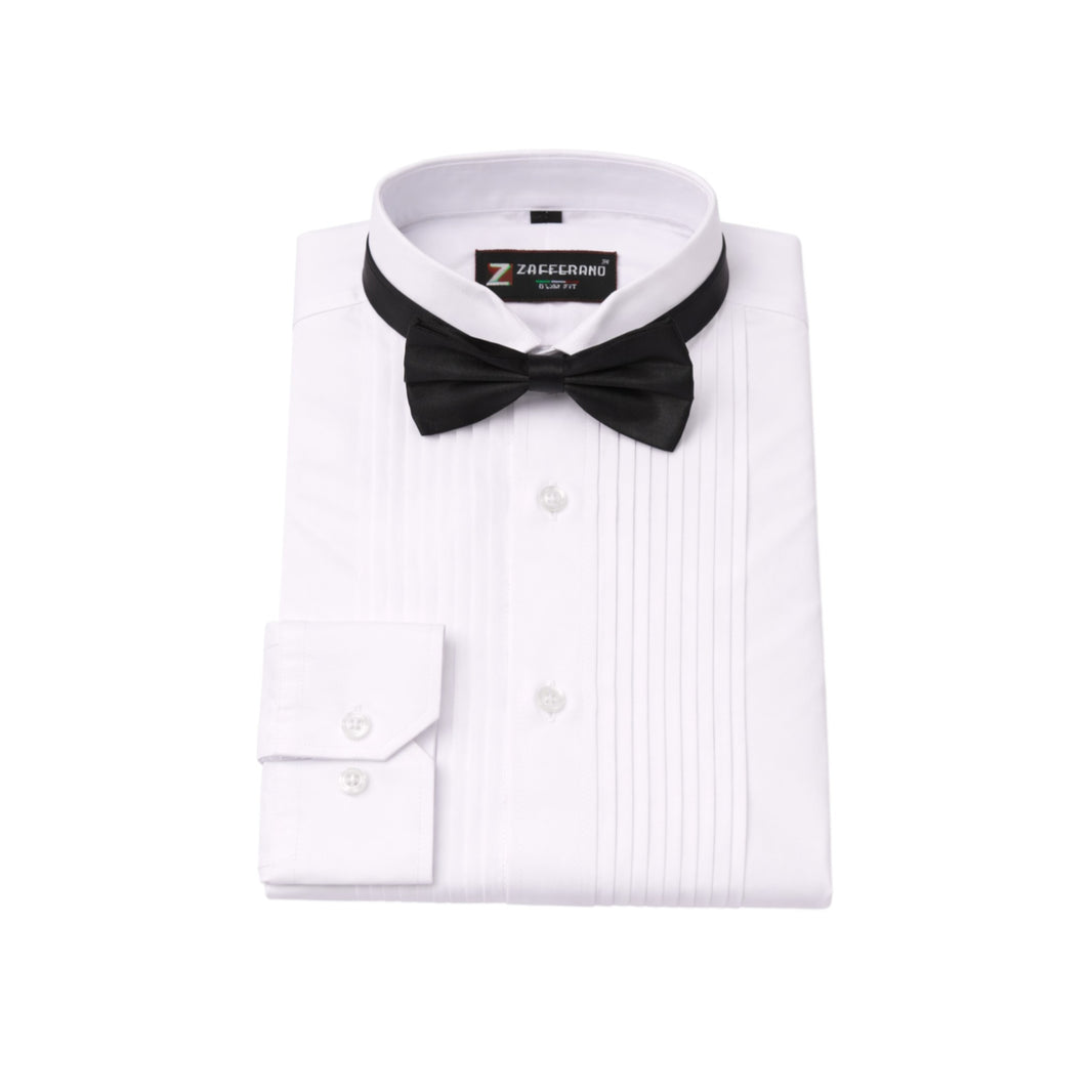 Men's White Pleated Tuxedo Shirt with Black Bow Tie