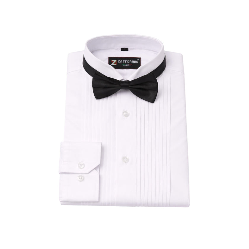 Men's White Pleated Tuxedo Shirt with Black Bow Tie