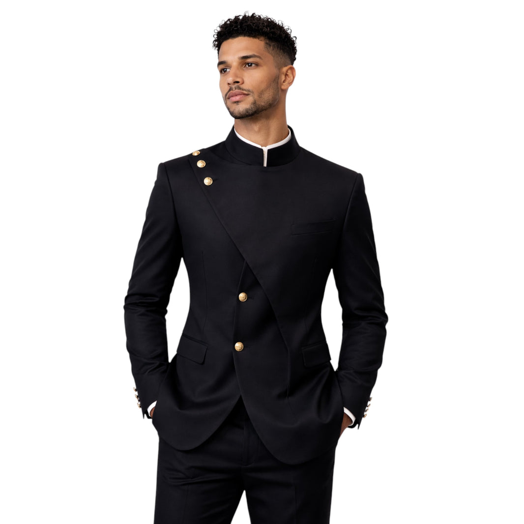 Men's Slim Fit Black Chinese Collar 2-Piece Suit
