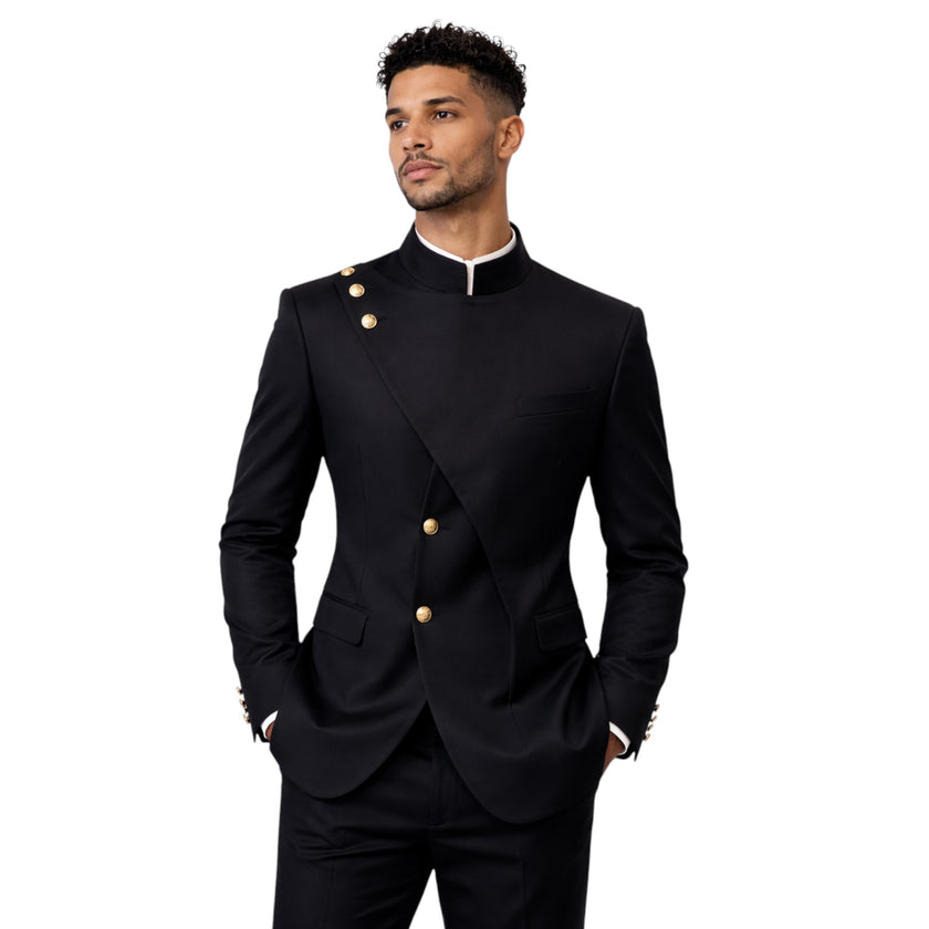 Men's Slim Fit Black Chinese Collar 2-Piece Suit