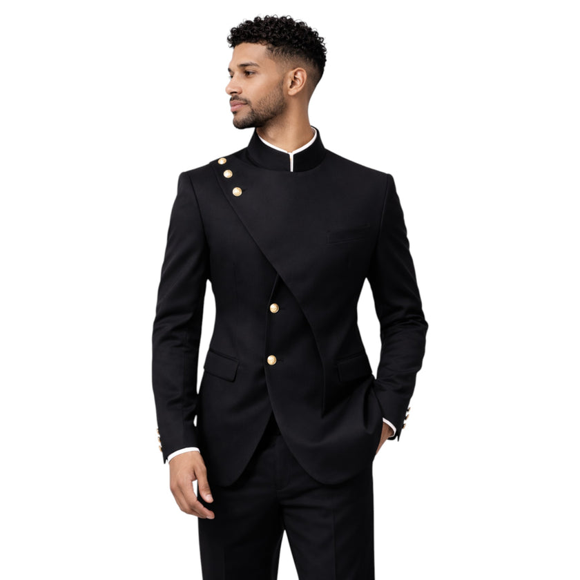 Men's Slim Fit Black Chinese Collar 2-Piece Suit
