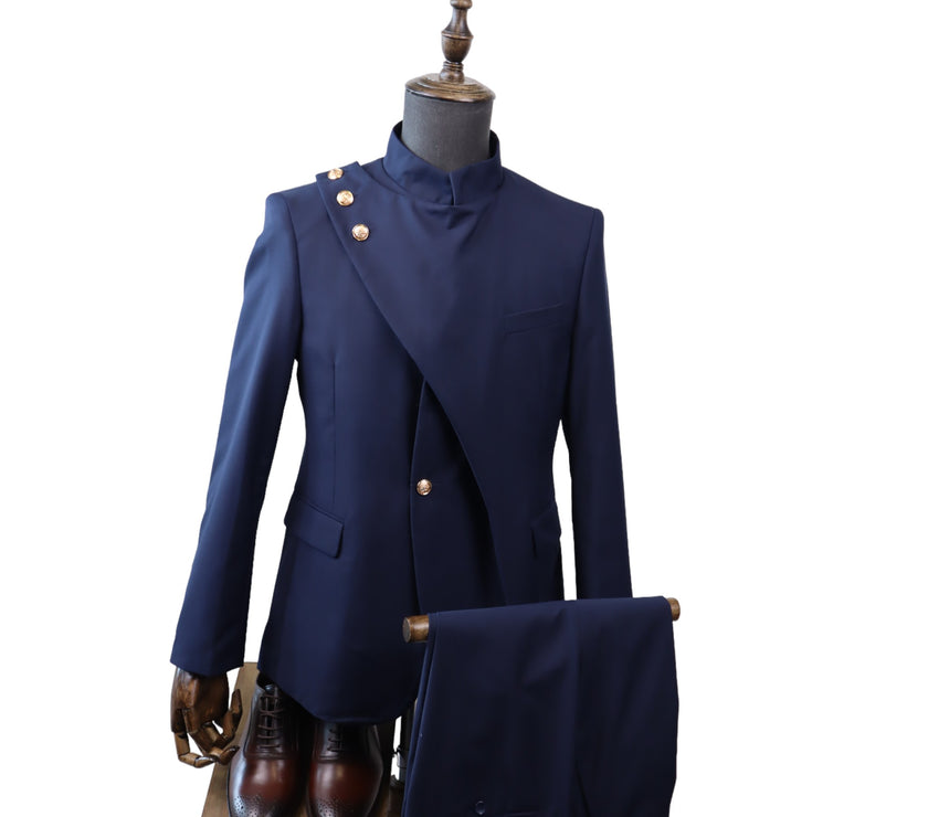 Mens Navy Modern Chinese Collar Suit