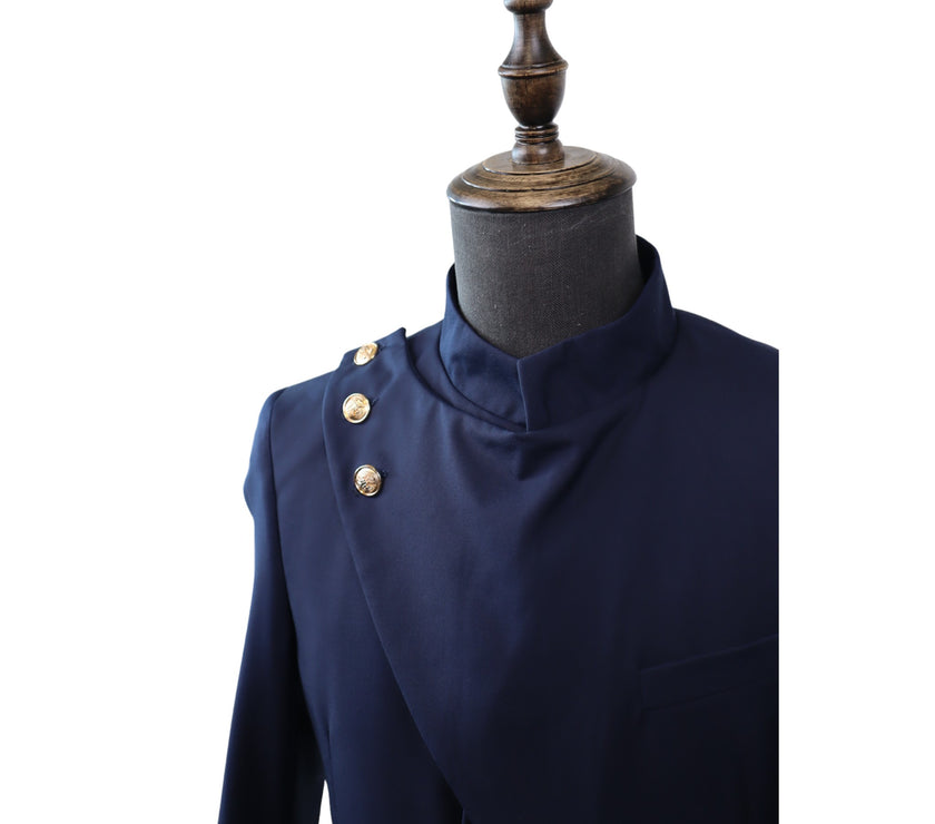 Mens Navy Modern Chinese Collar Suit