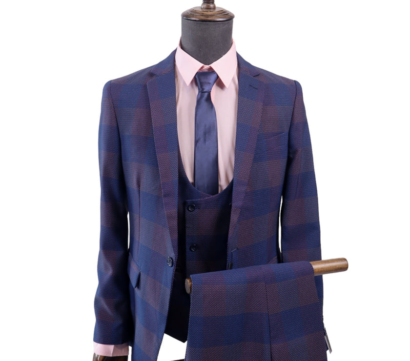 Mens 3PC  Blue/Pink Check Suit