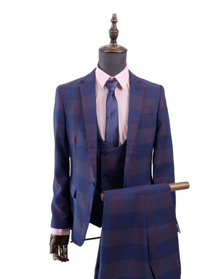 Mens 3PC  Blue/Pink Check Suit