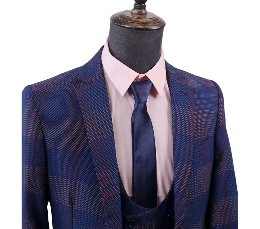 Mens 3PC  Blue/Pink Check Suit