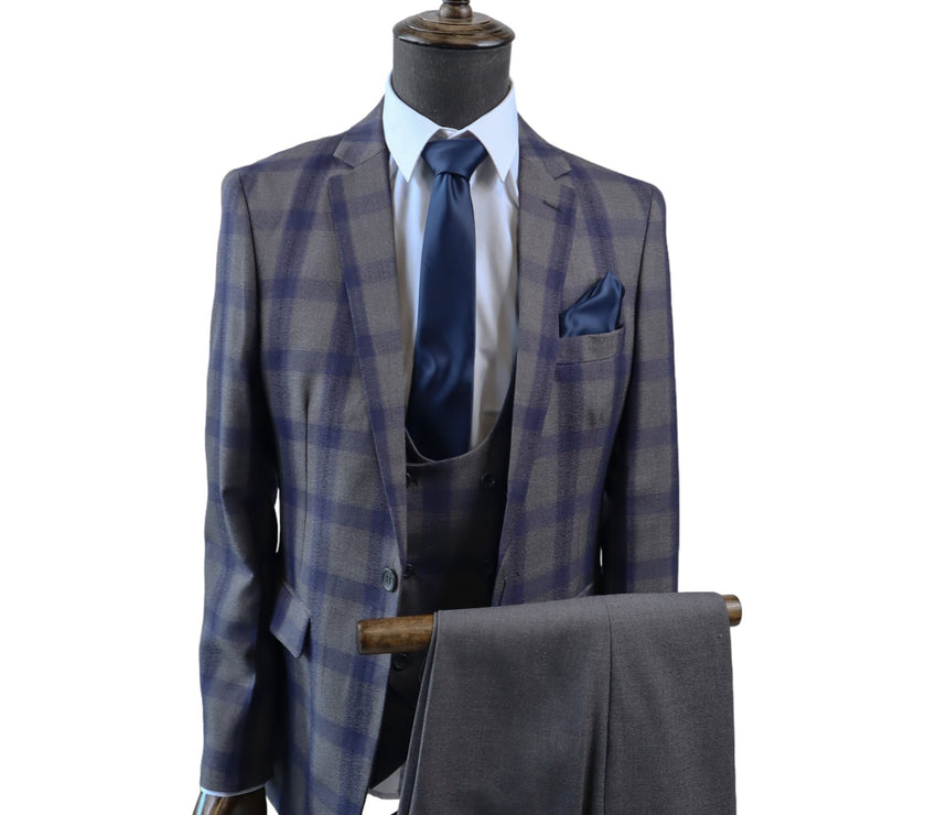 Mens Grey /Blue Check Suit 3PC