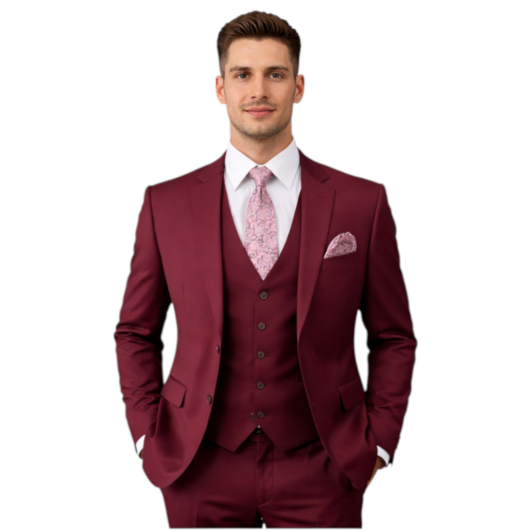 Men's Slim Fit Burgundy 3-Piece Suit