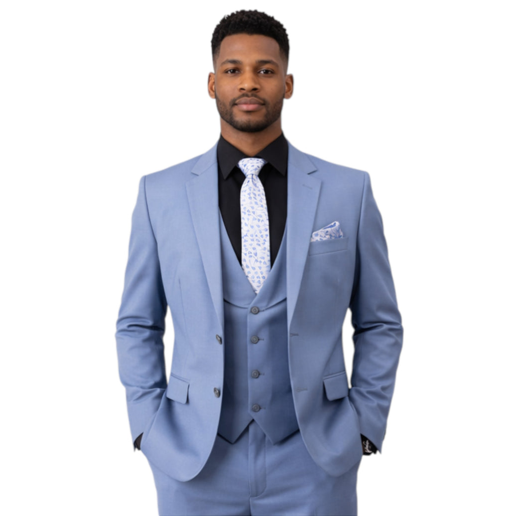 Men's Slim Fit Silver Blue 3-Piece Suit