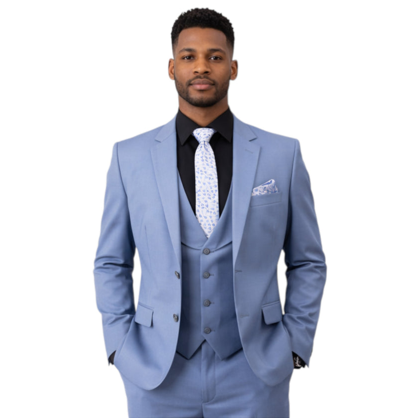 Men's Slim Fit Silver Blue 3-Piece Suit