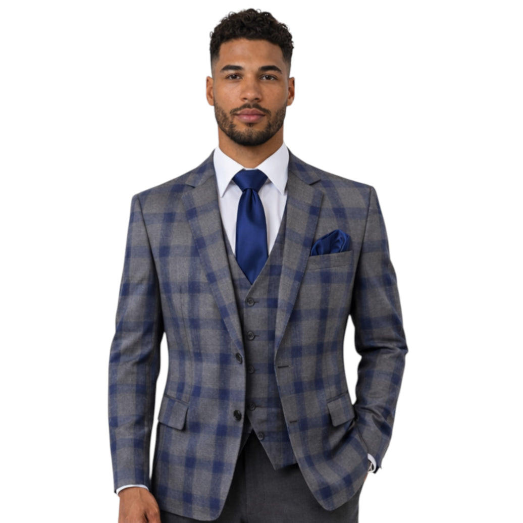 Men's Slim Fit Grey & Blue Check 3-Piece Suit