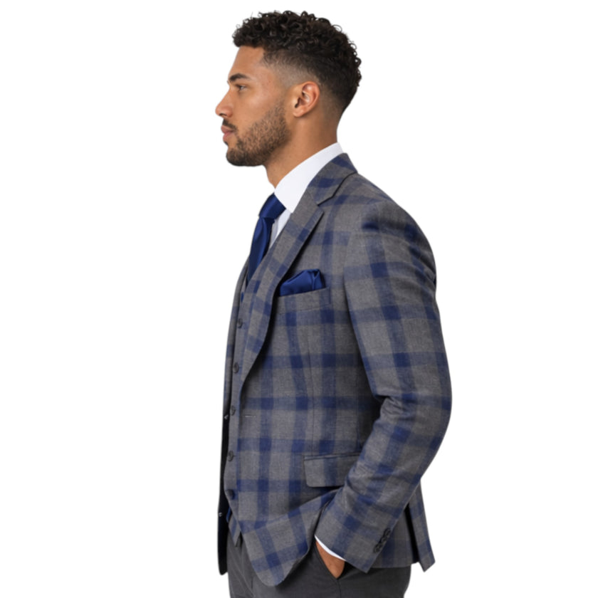 Men's Slim Fit Grey & Blue Check 3-Piece Suit