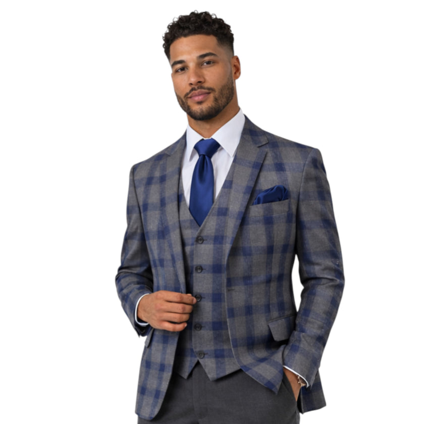 Men's Slim Fit Grey & Blue Check 3-Piece Suit