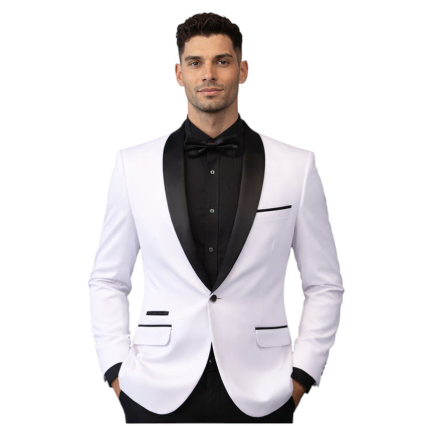 Mens White Tuxedo 2-Piece Slim Fit Suit with Black Lapel