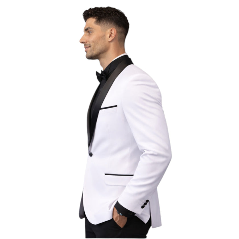 Mens White Tuxedo 2-Piece Slim Fit Suit with Black Lapel